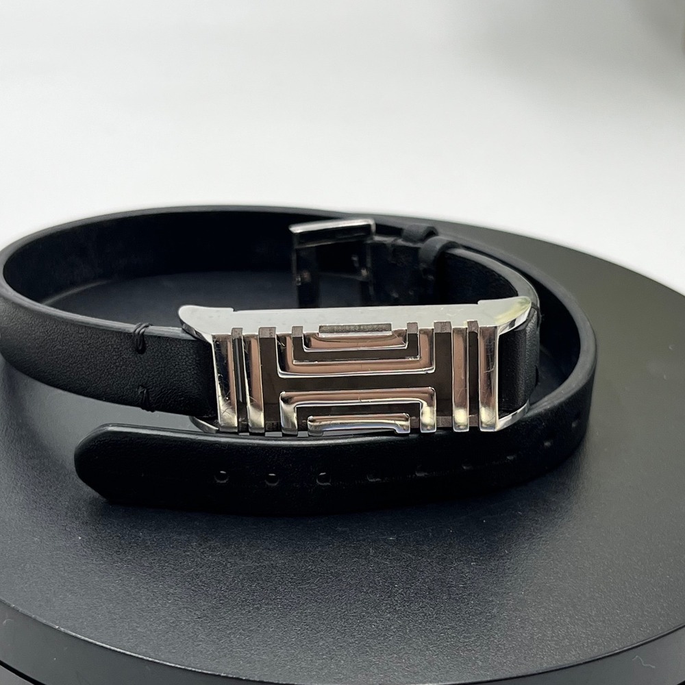 Tory Burch Fitbit Flex Holder Wrap Black Leather Silver Bracelet Double Wrap